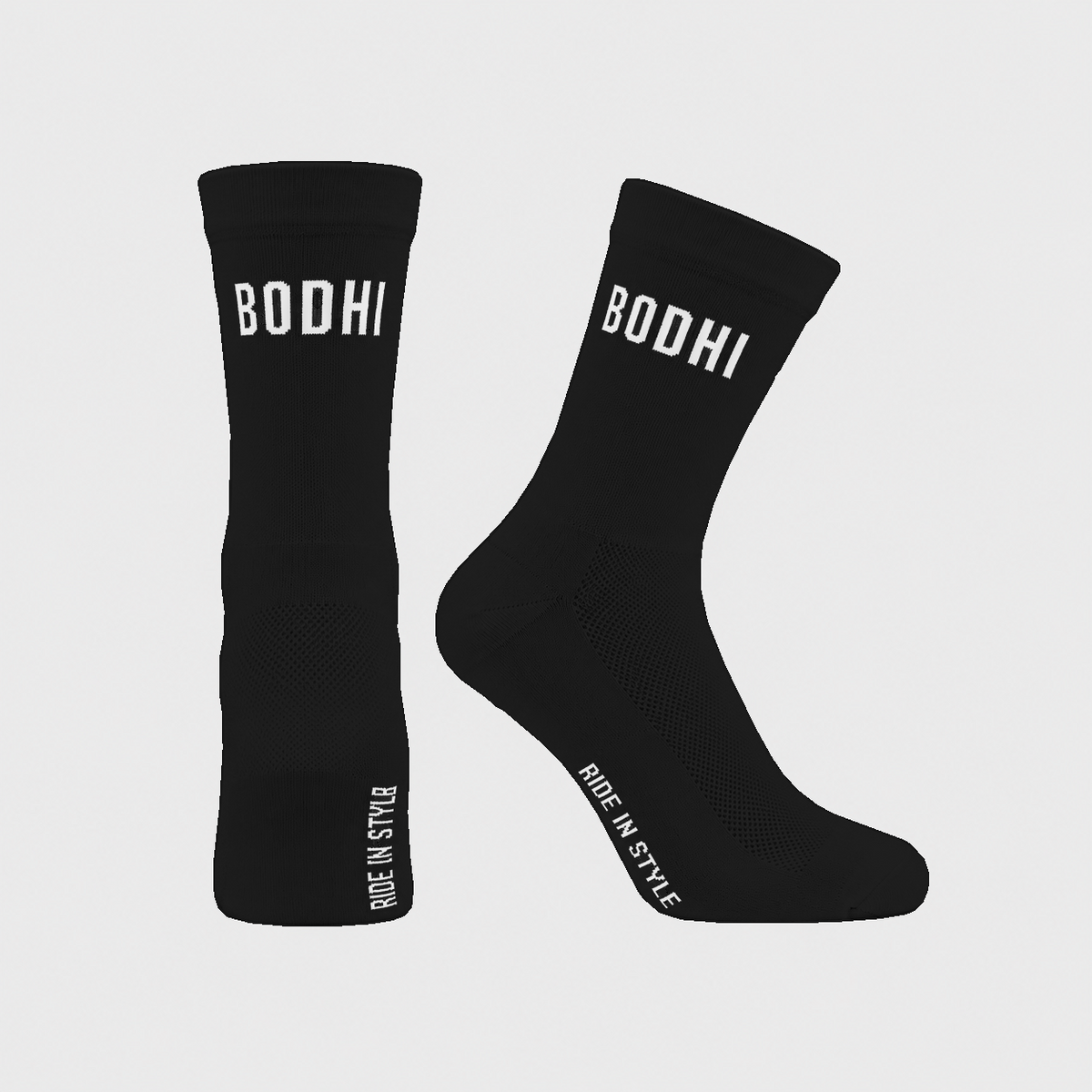 Bodhi cycling socks in black with white BODHI logo